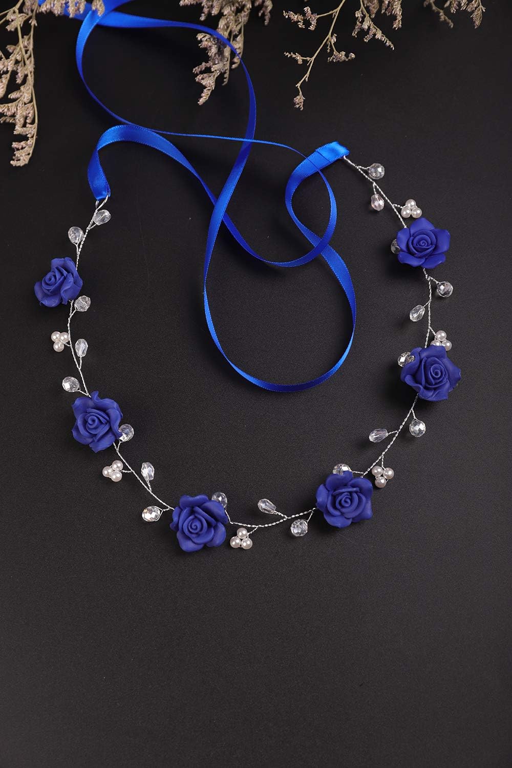 BERYUAN Women Floral Headband Blue Rose Hair Vine Navy Wedding Hair Accessory Gift for Her Party Headress for Bride Bridesmaid Girls - Image 3