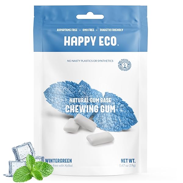 HAPPY ECO SUGAR FREE NATURAL CHEWING GUM 6 PACK (84 PIECES) – PLASTIC FREE, XYLITOL GUM WITH STEVIA – ASPARTAME FREE – NON GMO, VEGAN, GLUTEN FREE KETO – WINTERGREEN