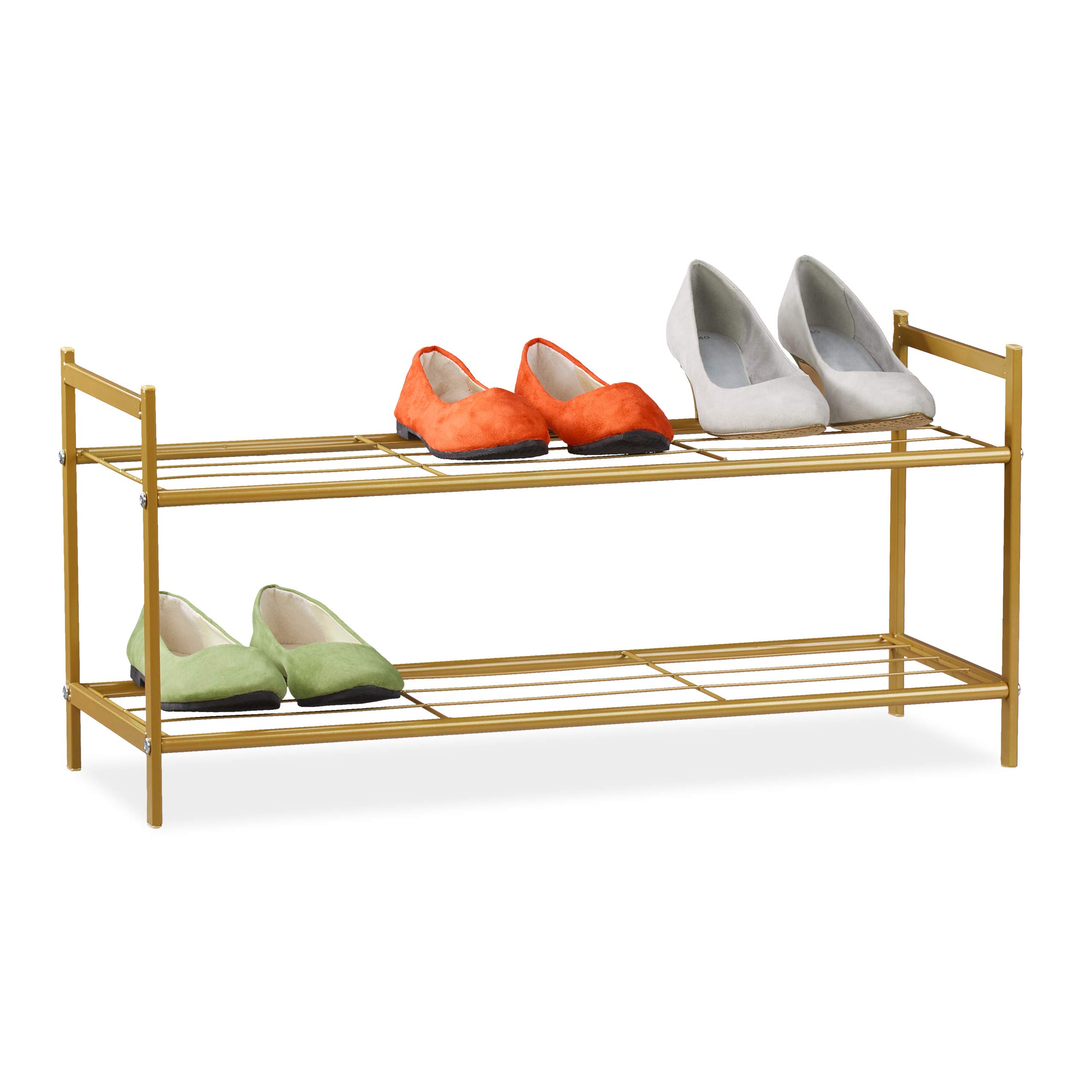 Relaxdays Shoe Rack SANDRA 2 Shelves, Metal Storage Unit, 33.5 x 69.5 x 26 cm, 6 Pairs of Shoes, Gold