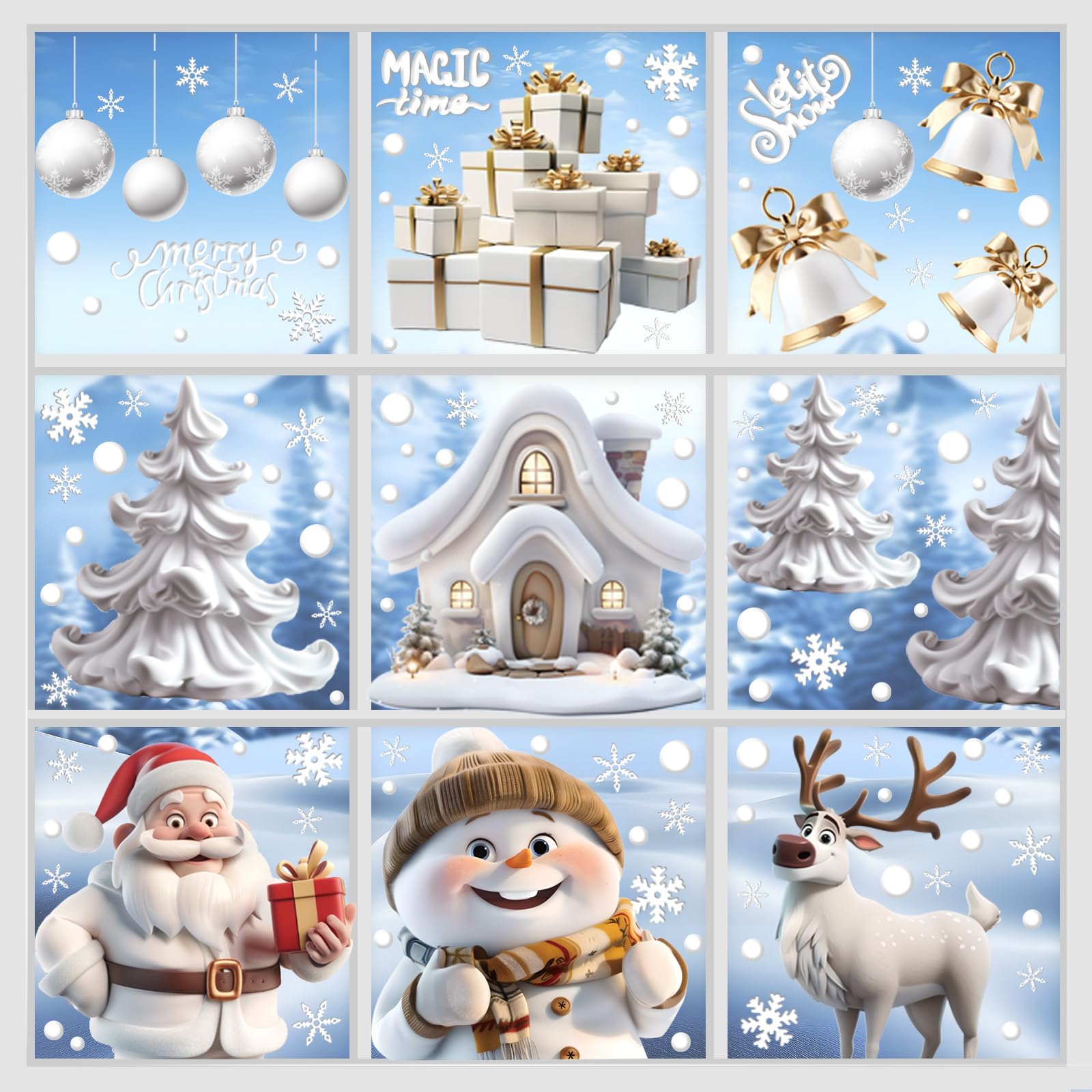 9 Sheets Christmas Window Stickers, 230 Pcs Xmas Window Decorations with Santa Claus Reindeer Snowman, Snowflake Window Stickers for Christmas Window Display and Home Decor