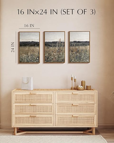 INSIMSEA OVERSIZED VINTAGE LANDSCAPE ART FOR LIVING ROOM BEDROOM,3PCS, EXTRA LARGE FRENCH COUNTRY PAINTINGS WALL DECOR FOR HOME, RUSTIC FARMHOUSE MEADOW FRAMED CANVAS PRINTS PICTURE,16X24IN