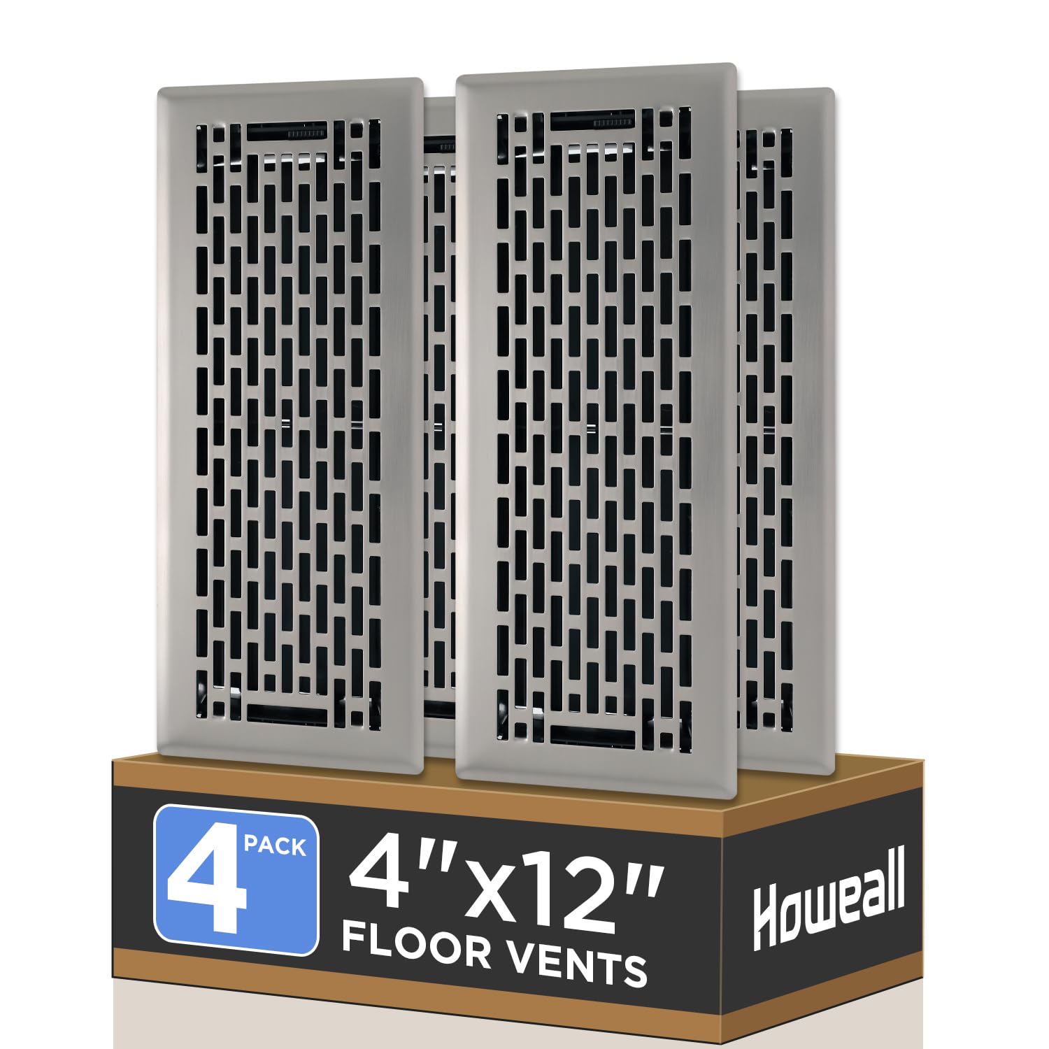 Photo 1 of Howeall 4x12 Inches 4 Pack Heavy Duty Walkable Floor Register - Easy Adjust Air Supply Lever Decorative Floor Vent Covers, Boston Design Vent Covers for Home - Satin Nickel