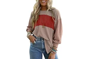 onlypuff Womens Long Sleeve Shirts Fall Tops Color Block Striped T Shirts Tunic Tops Oversized Crew Neck Tees