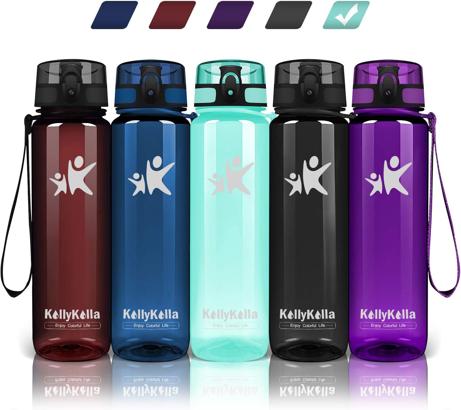 KollyKolla Sports Water Bottle - 350/500/800ml/1L/1.5L, BPA Free Tritan Plastic Eco-Friendly Drink Bottles with Filter & Time Marker, One Click Flip Lid, for Kids, School, Gym, Hiking, Bicycle, Yoga