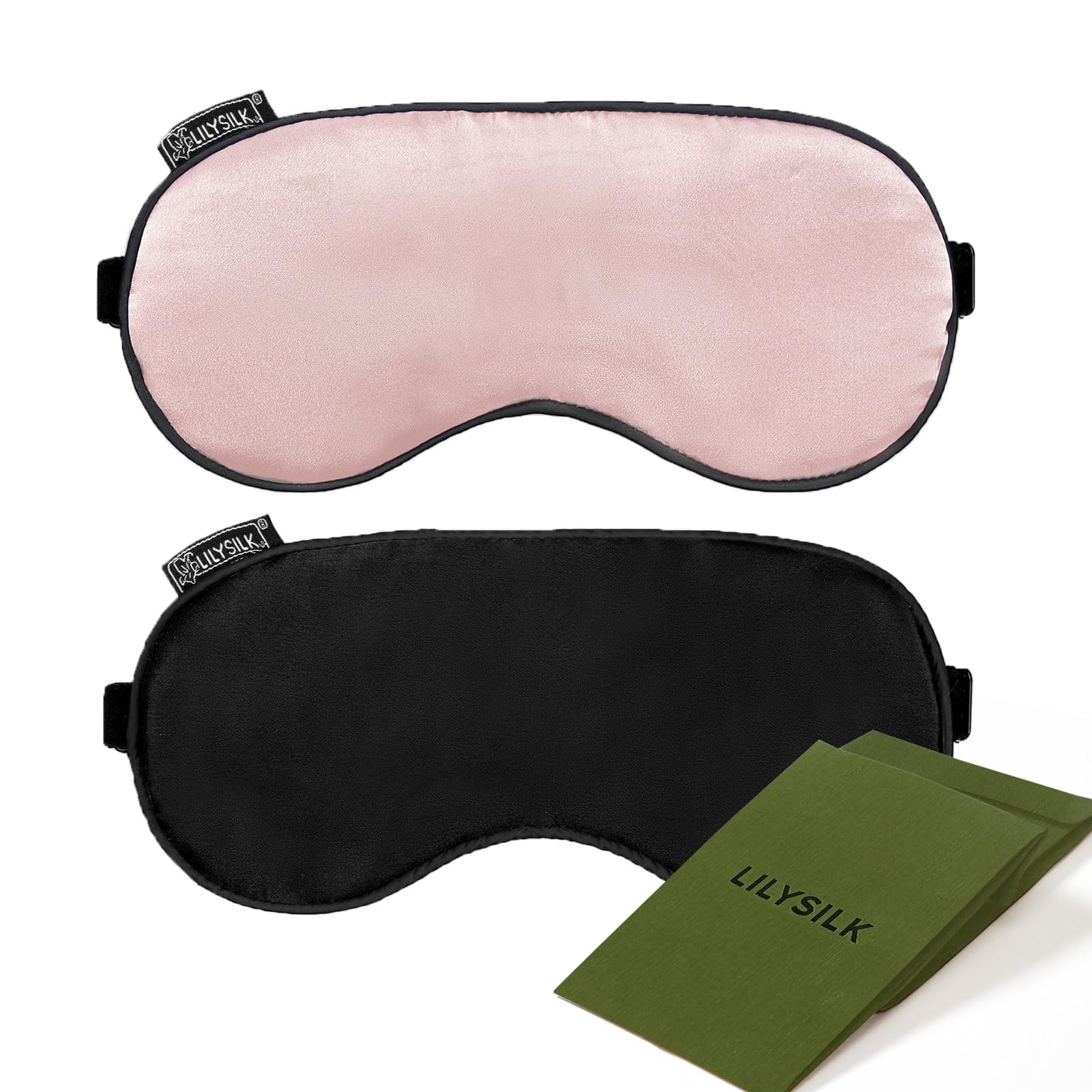 LILYSILK 100% Pure Silk Sleep Mask 2Pcs Blindfold Natural Silk Filled Eyecover Soft Skin-Friendly Sleeping Eye Mask with Adjustable Strap for Women and Men Pink and Black