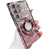 Changjia for Samsung Galaxy S25 Ultra Magnetic Kickstand Glitter Case, [Compatible with Magsafe] Cute Bling Sparkly Diamond Rhinestones with Camera Protector Women Girls Case for Galaxy S25 Ultra,Pink