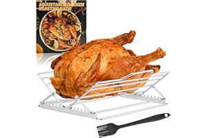 SHIKORI Adjustable Chicken Roasting Rack, Stainless Steel Foldable Roasting Rack, V-Shaped Stand for Turkey Chicken Includes basting Brush (Silver)