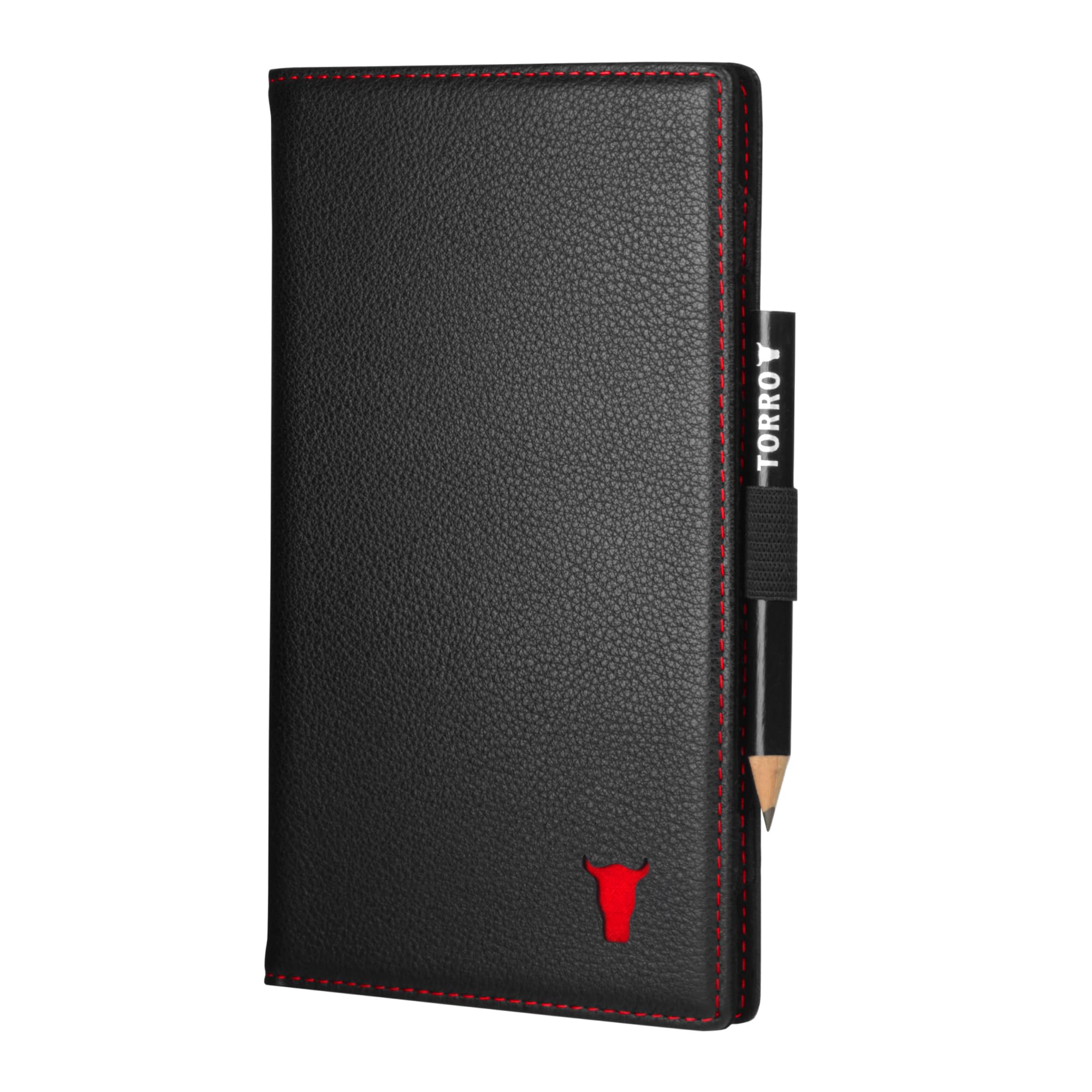 TORRO Golf Scorecard Holder – Genuine Leather Golf Score Card Wallet with Card Slot and Pencil Loop (Black with Red Detail)