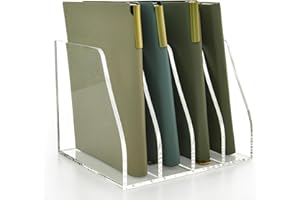 AIMOLLY Acrylic Magazine File Holder, 4 Vertical Compartments Desk Document Sorter Organizer, Clear Folder Rack Binder for Office/Home/Classroom, for Documents, Tablet, Magazines, Books & Accessories