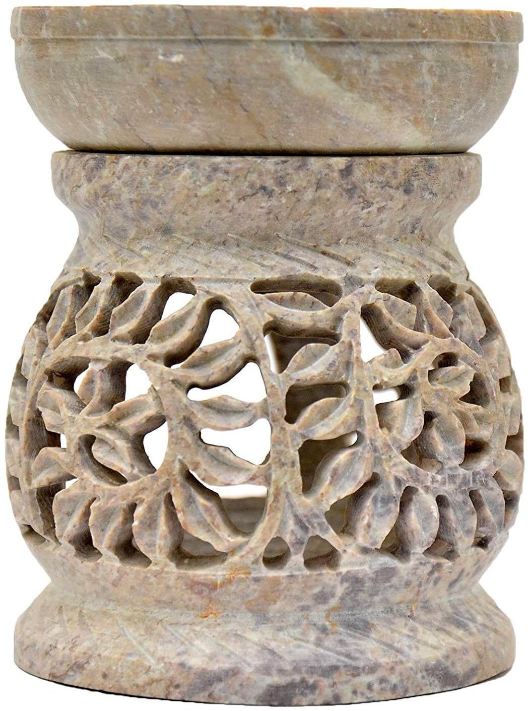 Artist Haat Gift Deals - Essential Oil Diffuser, Oil Burner, Oil Warmer with Tea Light Holder for Aromatherapy - Artisan Handcarved Soapstone 3" with Intricate Elegant Tendril Openwork