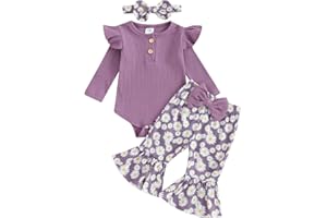 Baby Girl Daisy Print Outfit Casual Clothes Onesie Set Long Sleeve Ruffle Romper Top + Belted Pant + Headband