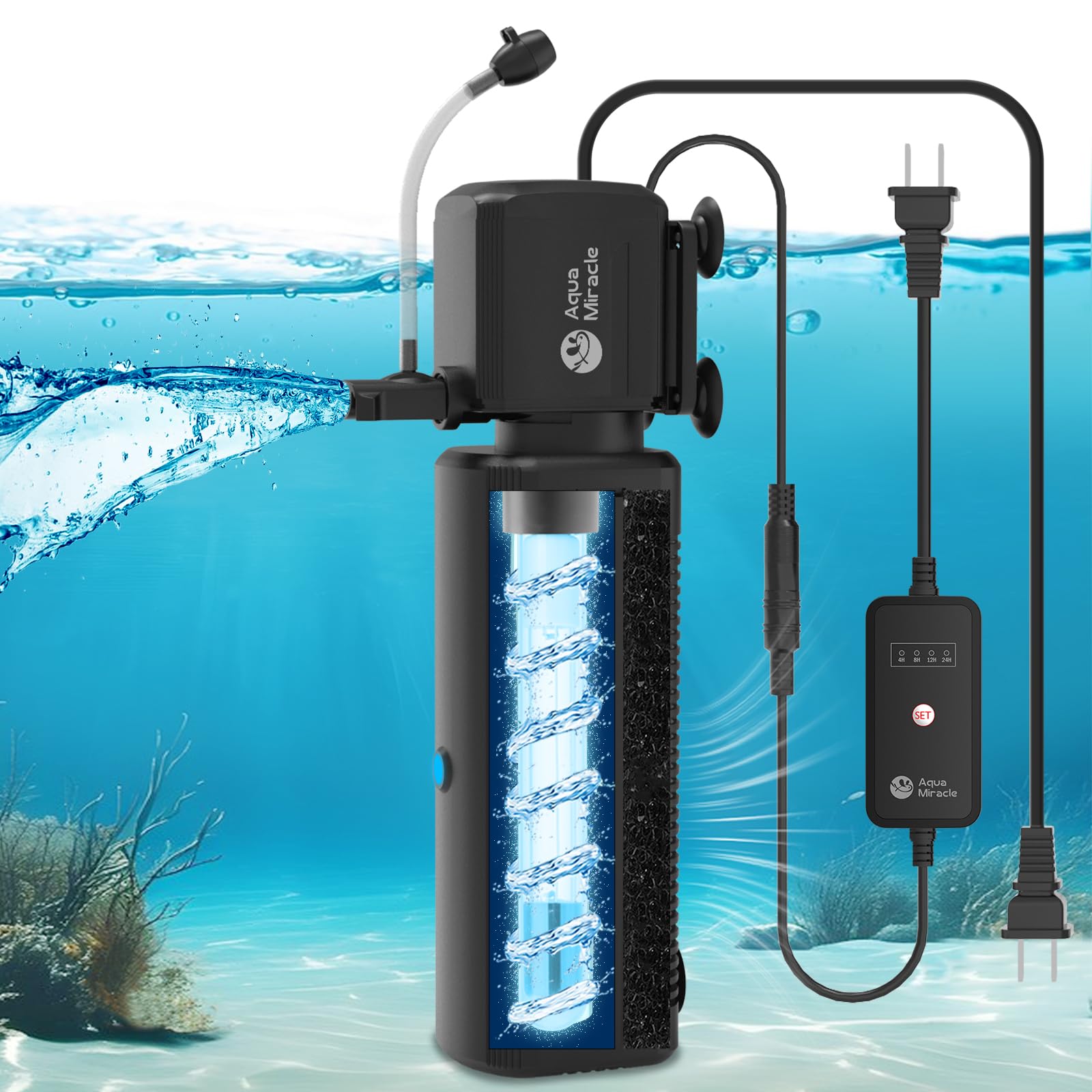 Photo 1 of AquaMiracle Aquarium Filter with U - V Light & Filter Sponge, Fish Tank Filter with Timer for Green Water, Turtle Filter with Aeration & Rainfall Mode for Aquarium 60-150 Gallon