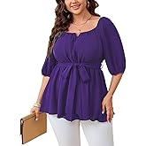SHESTARR Women's Plus Size Square Neck Peplum Blouses Dressy Tops 3/4 Puff Sleeve Empire Waist Tie Ruffle Hem Babydoll Top