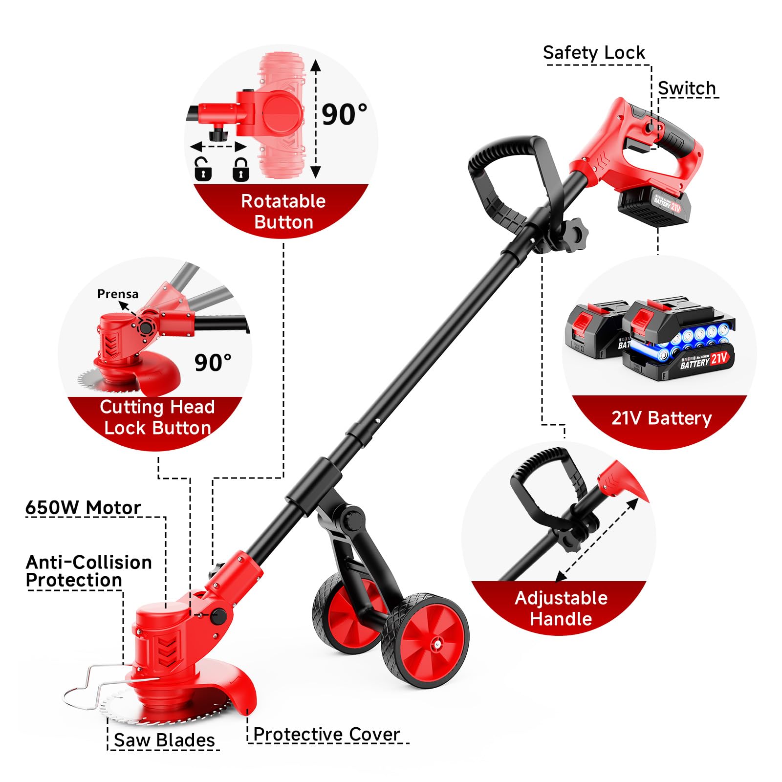 Condition photo showing As Is for cordless weed wacker 8 inch, 21v electric weed trimmer with wheels & 3 types blades, 2×2000mah batte