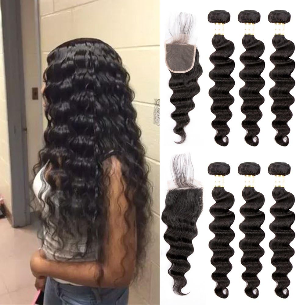 Ugrace Hair Bundles with Closure Loose Wave with Closure Brazilian Hair with Closure Virgin Human Hair Loose Wave Closure with Bundles Natural Color Full and Thick 20 22 24+18 Inch Free Part