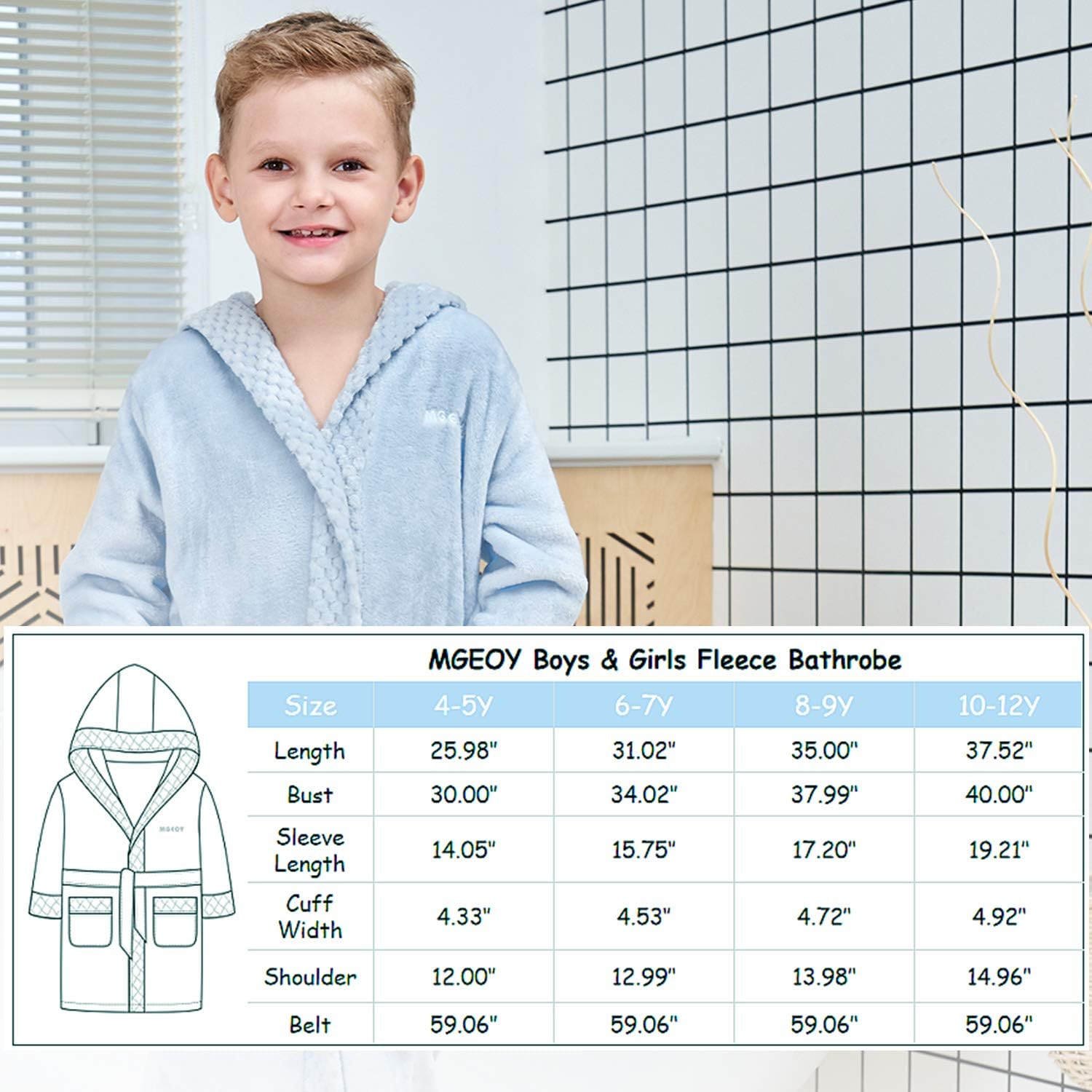 Boys Girls Robe Soft Hooded Flannel Bathrobes for Kids with Silk Eye Sleep Mask Size 4-12: Clothing