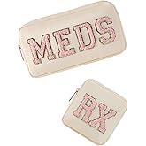2pcs Personalized Chenille Letter Patch MEDS and RX Bags Set,Cute Nylon Drug Medicine Travel Makeup Bag with Zipper, Preppy Vitamin Organizer Bag for Women and Girls (RX+MEDS Beige)