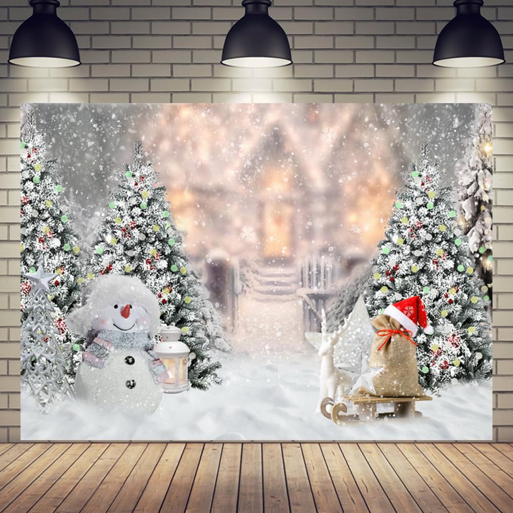 Aisnyho Winter Christmas Backdrop Snowman Pine Tree Snowflake Xmas Backdrops Background for Photography Family Party Decorations New Year Banner (8x6FT)