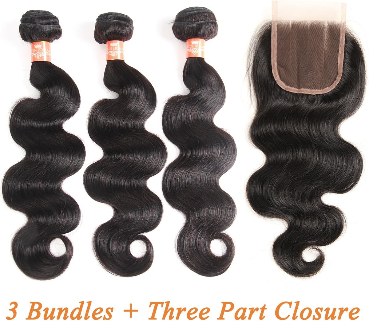 Levergreen Brazilian Body Wave Hair Bundles with Lace Closure Unprocessed Virgin Human Hair Extensions Natural Black Color (14 16 18 with 14 Three part)