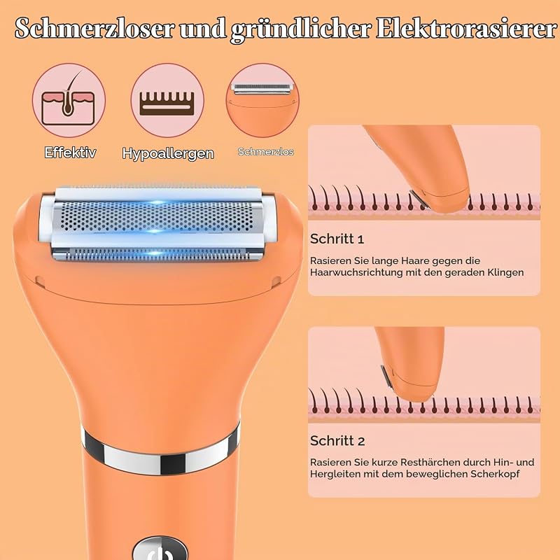 Damenrasierer für Gesicht, Achseln, Beine, Arme & Bikinizone Rasierer Elektrorasierer Körpertrimmer Intimrasierer Bikini-Trimmer für Frauen Wasserdicht Nass/Trocken LCD-Display 3-in-1 Orange
