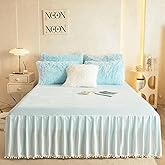 Pom Pom Velvet Bed Skirt, 22 Inch Drop Dust Ruffle Bed Skirt Soft Cozy Wrap Around Fitted Sheet, Fitted Bed Sheet with Skirt,