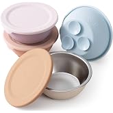 Moonkie Baby Suction Bowls for Self-Feeding: 3 Strong Suction Bases Prevent Spills - Seamless One-Piece Design for Easy Cleanup - Stainless Steel &amp; Silicone Toddler Bowls with Lids - 13 oz 4 Pack
