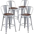 Aklaus Industrial Metal Bar Stools Set of 4, 26 inch Counter Height Barstools with Backs, Farmhouse Style, Silver