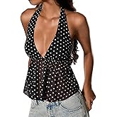 IQLWI Women's Polka Dot Halter Top Backless Y2k Crop V Neck Tie Up Peplum Going Out Tops