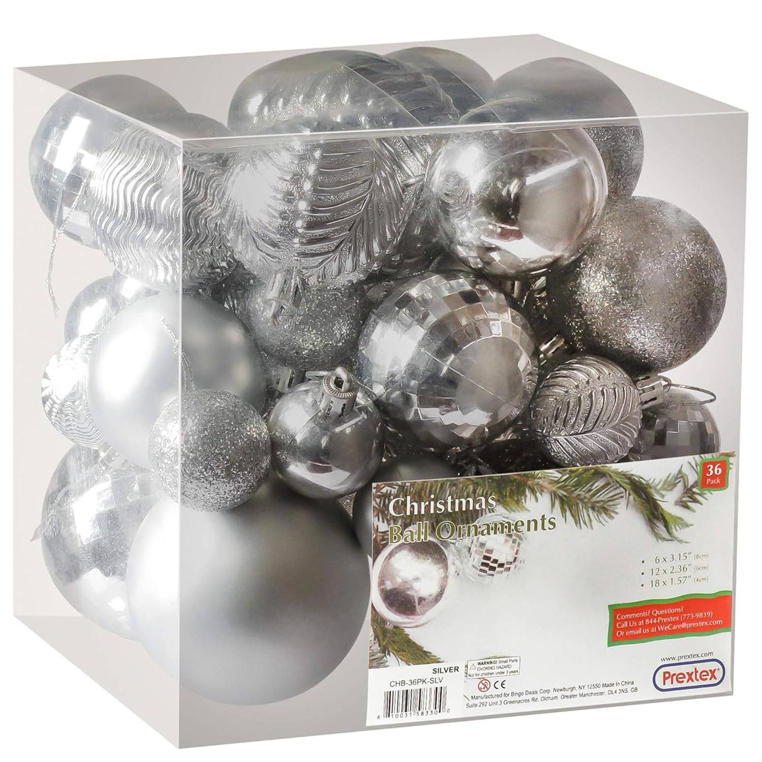 Prextex Silver 36-Piece Shatterproof Glitter Balls, Christmas Tree Baubles, Exquisite Xmas Combo of 36 Christmas Balls and Shape Styles