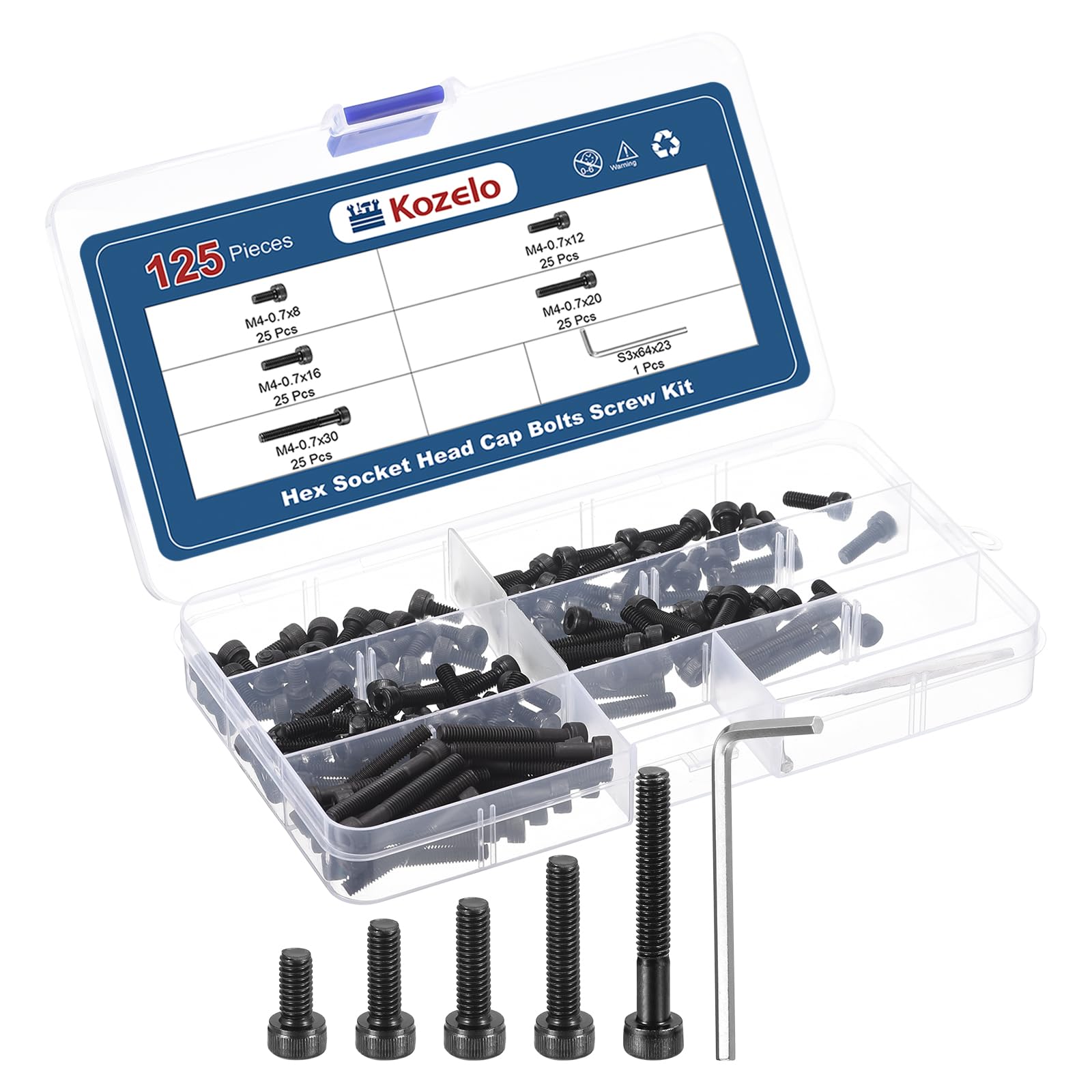 Kozelo 125pcs M4 Socket Head Cap Screws Bolts Nuts Assortment Kit - [M4x8/12/16/20/30mm] Alloy Steel Fully Threaded Black Oxide 12.9 Internal Hex Screw for 3D Printer Use, with Wrench