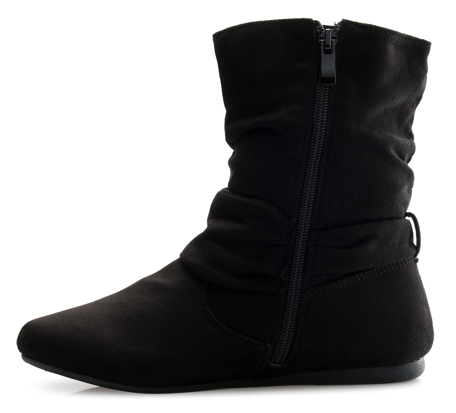 Olivia K Womens Low Heel Slouch Suede Slip On Casual Ankle Boots with Ring Buckle and Side Zipper - Image 5