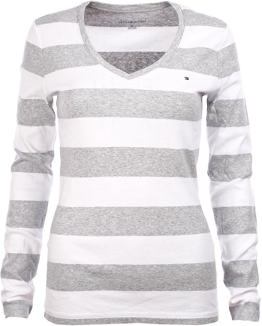 Tommy Hilfiger Damen LangarmTShirt mit breiten Streifen und VAusschnitt Grau XKlein