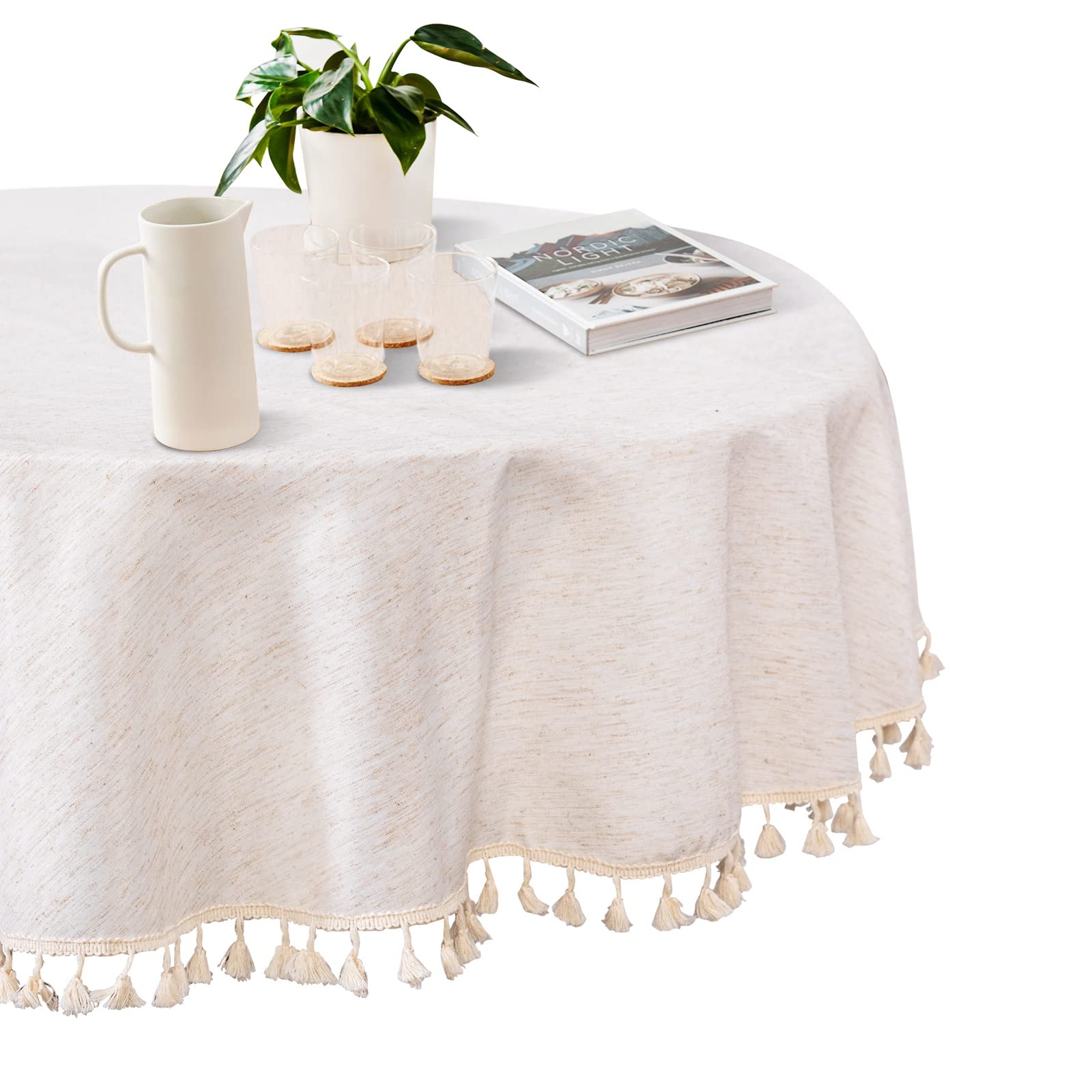 Photo 1 of MYSKY HOME Table Cloth 60 in Round Cotton Tablecloth, Heavy Duty Linen Look Waterproof Tablecloths Farmhouse Tablecloth, Soft and Wrinkle Free Table Cover with Beige Tassels for Kitchen Dining, Party