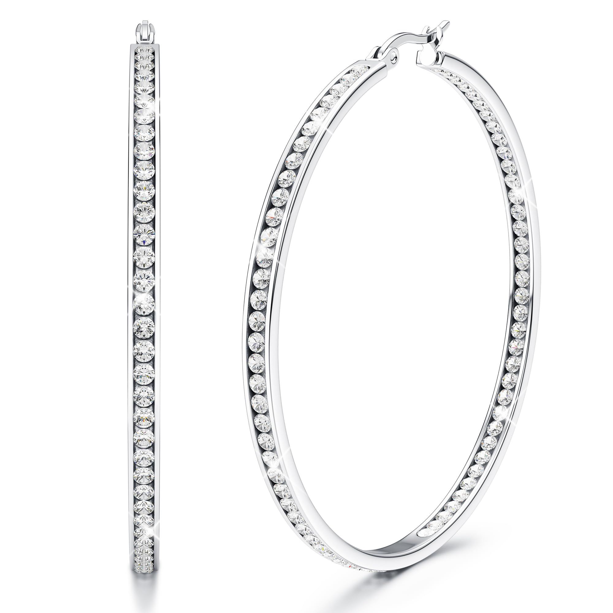 Adramata Hoop Earrings for Women Girls Hypoallergenic 316L Stainless Steel 50mm Large Hoops Sparkly Cubic Zirconia Simulated Diamond Hoop Earrings Silver Hoops Earrings for Women