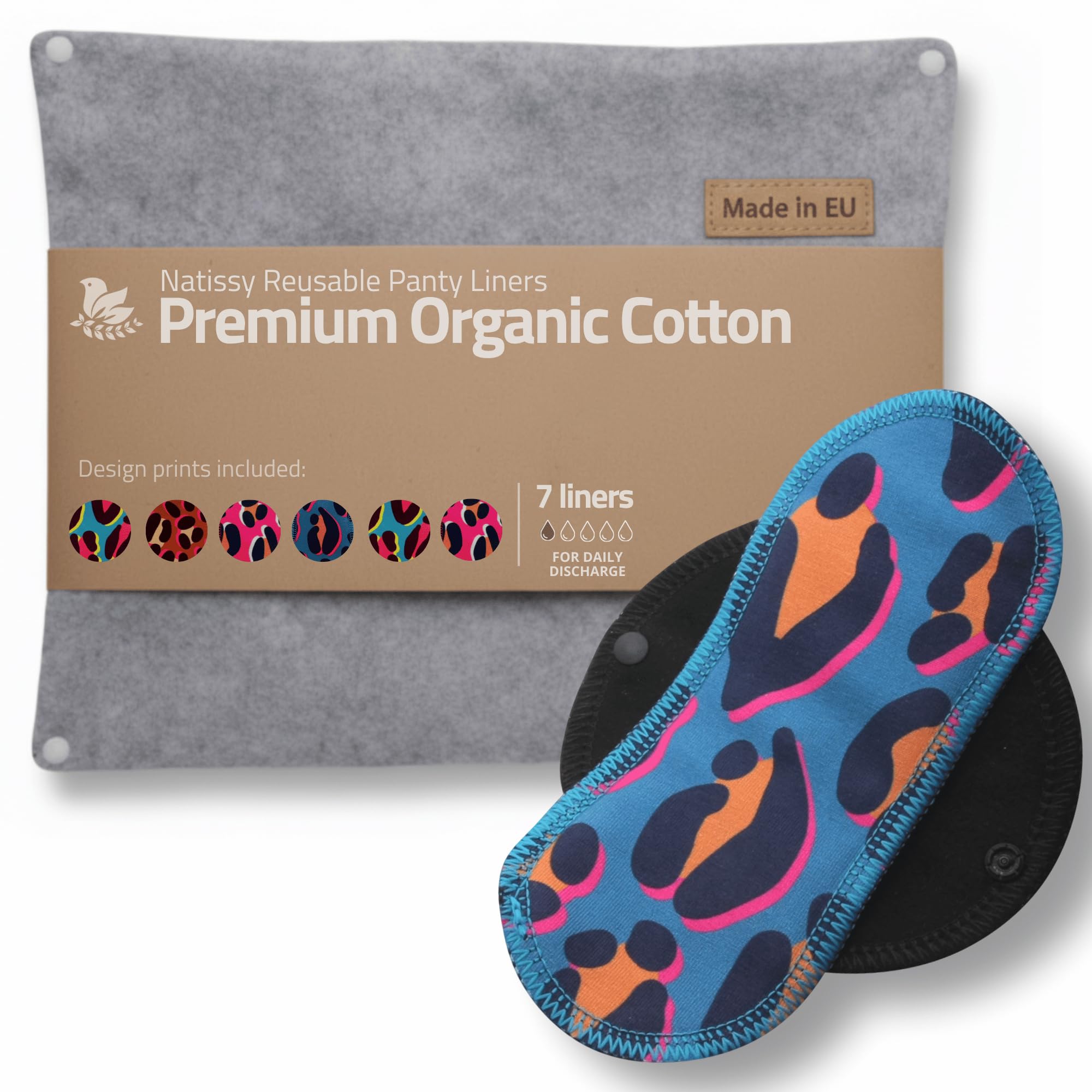Organic Cotton Reusable Panty Liners for Women & Teens (Small, 7-Pack); High-Temp Washable Panty Liners Made in EU; Stay Fresh & Dry, for Daily Vaginal Discharge Only; 100% Breathable (no PUL/TPU)
