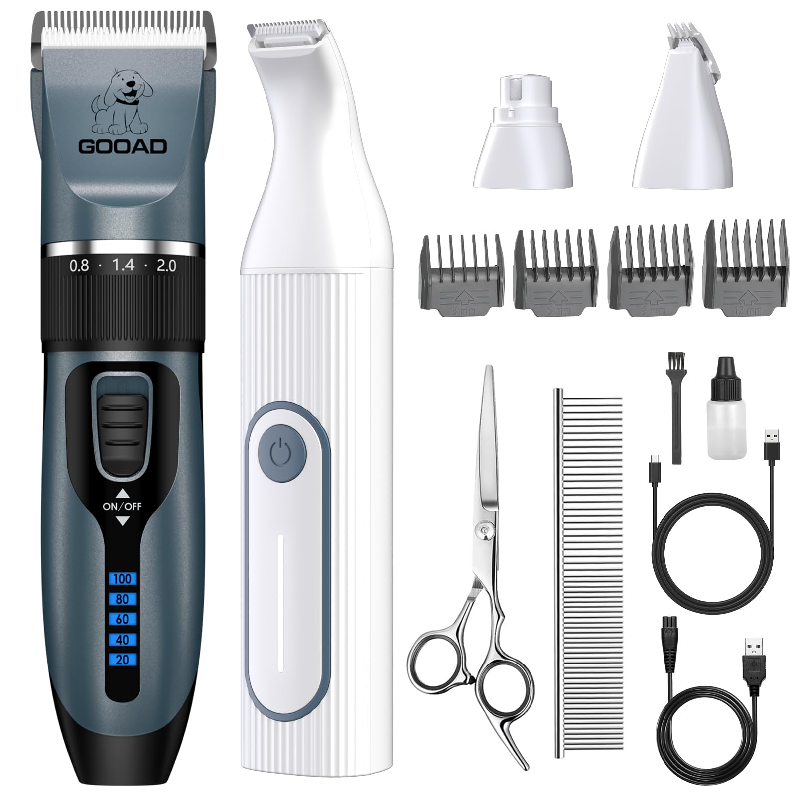 Gooad Dog Clippers Grooming Kit Hair Clipper -4 in 1Low Noise -Rechargeable-Cordless Quiet Paw Trimmer Nail Grinder, Trimmer Grooming for Thick Hair&Coats,Pet Shaver for Small and Large Dogs Cats