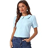 Allegra K Peter Pan Collar Blouse for Women's Floral Jacquard Puff Short Sleeve Kawaii Top