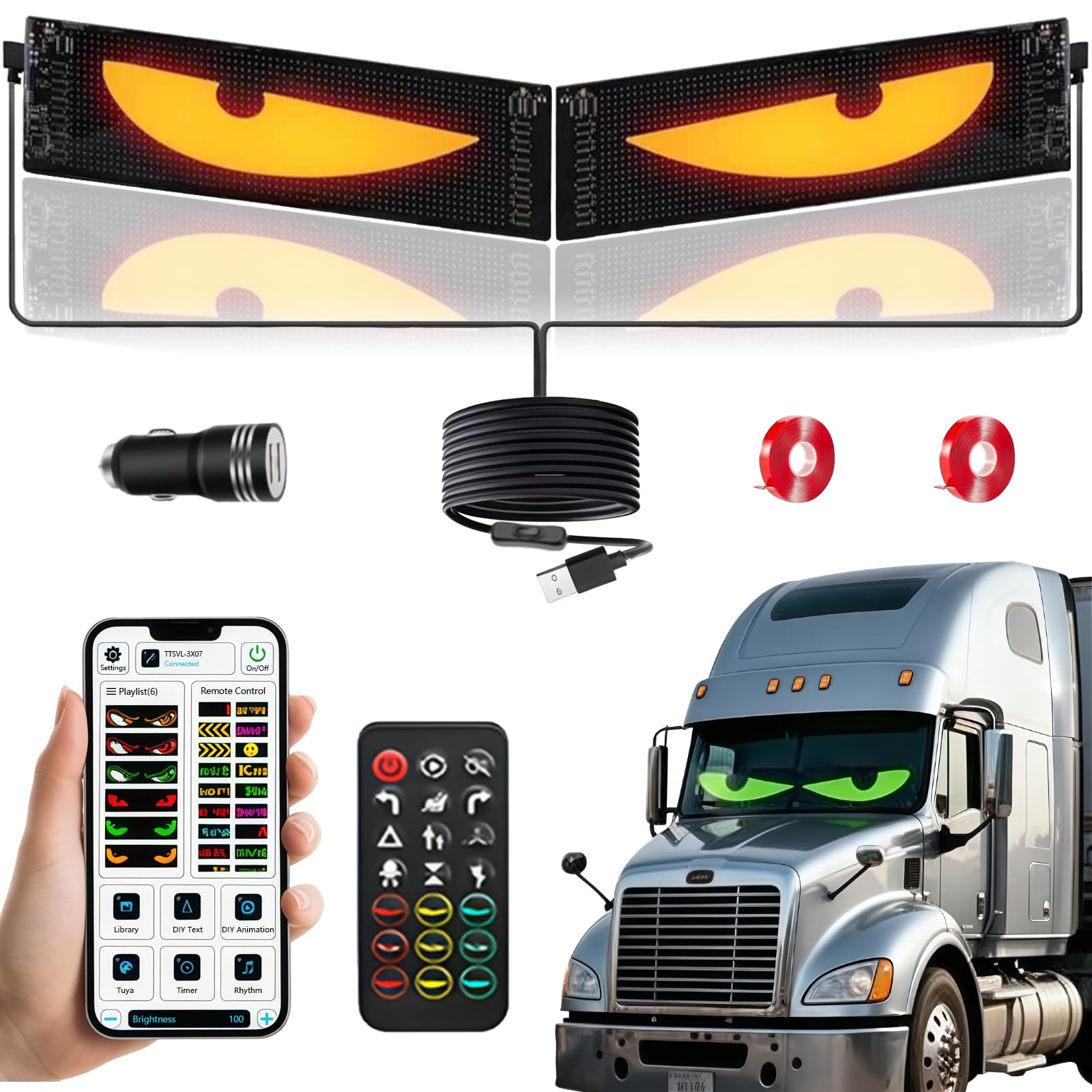 Photo 1 of 2PCS LED Eyes for car,23.6x4.72in Devil Eyes Light for Car Windshield,Flexible Scrolling Programmable LED Sign, Supporting Custom Editing of Colors, animations, and Text via a Remote Bluetooth app