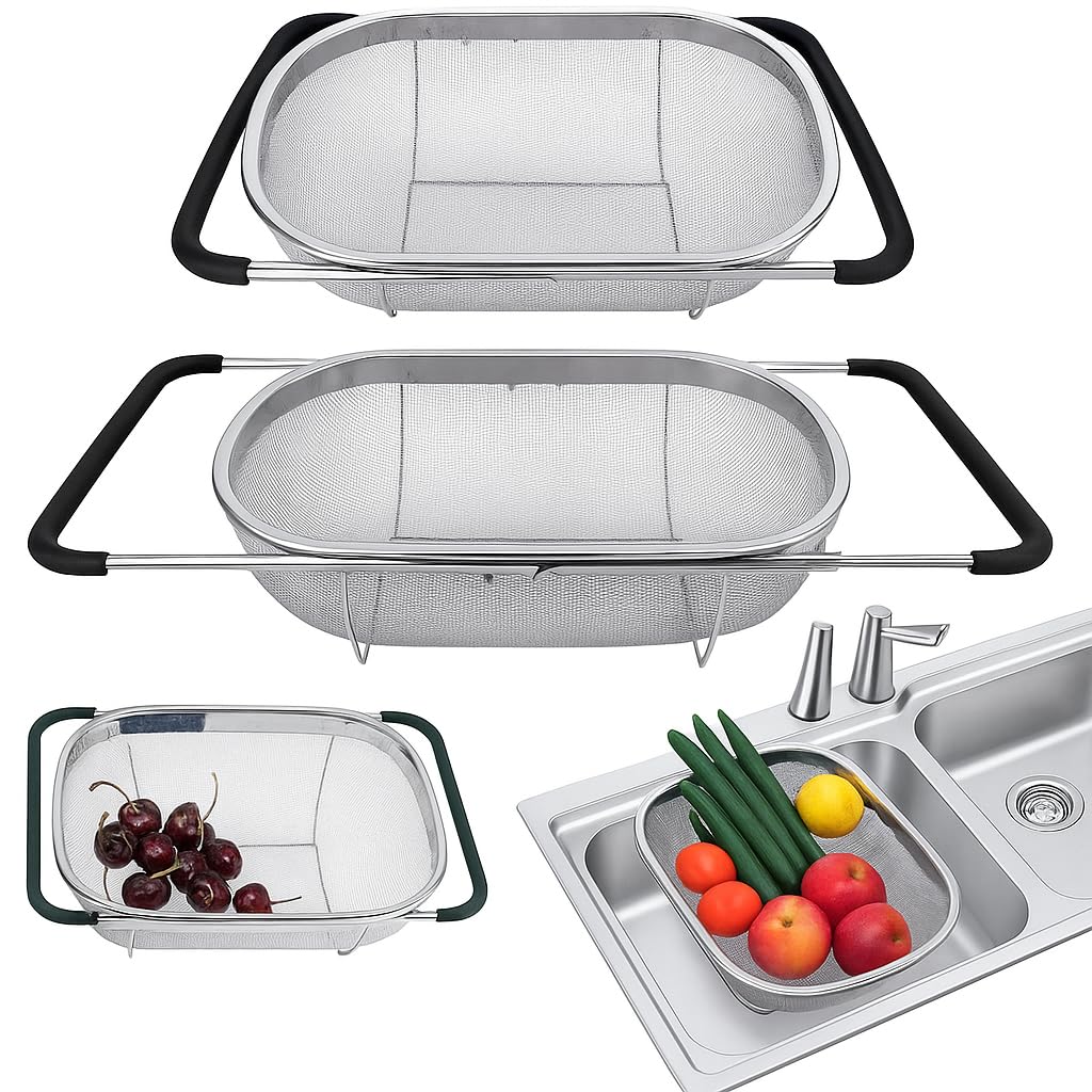D L D Premium Quality Over The Sink Stainless Steel Oval Colander with Fine Mesh 6 Quart Strainer Basket & Expandable Rubber Grip Handles - Strain, Drain, Rinse Fruits, Vegetables (Upgrade)