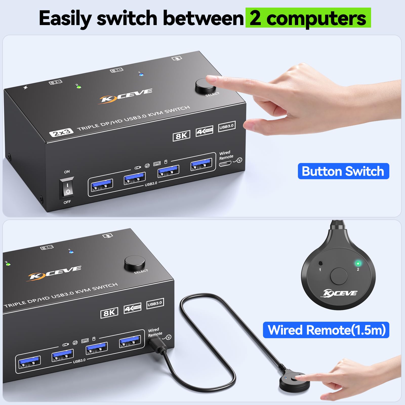 KVM Switch 2 PC 3 Monitore 8K@60Hz,MLEEDA HDMI Displayport KVM Switch Triple Monitor für 2 PC Teilen 3 Monitors und 4 USB3.0-Geräte, mit 12V DC Netzteil,Verdrahtet Fernbedienung und 2 USB-Kabel 5