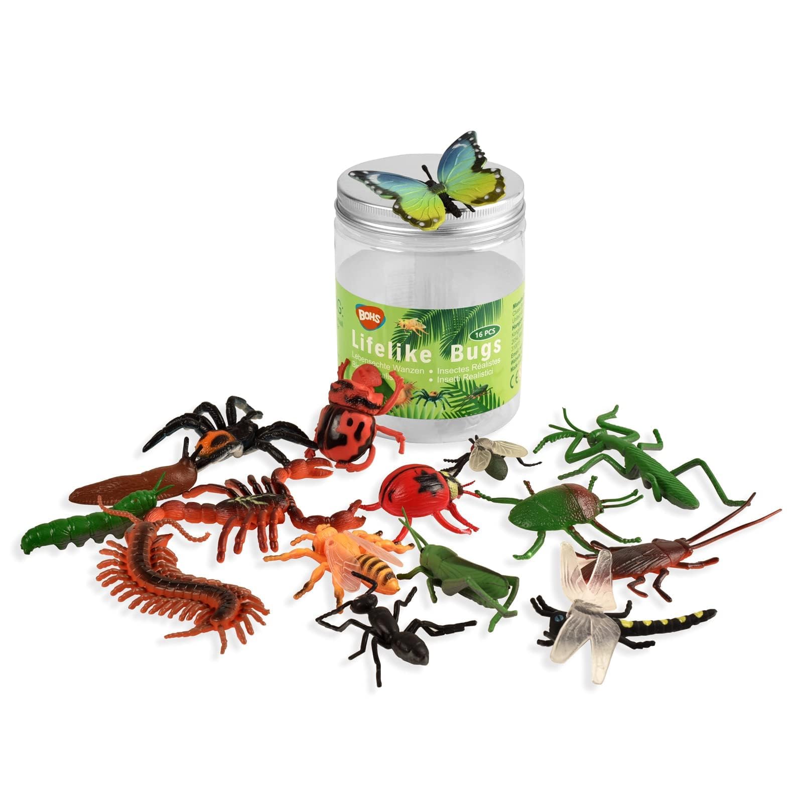 BOHS Bug Play Figures, Realistic Insect Toys for Educational Projects - 16 Pcs, 2-3 Inch in Length - Perfect Party Favors on Birthday Cake Stand - XB-LB523.