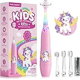 ReDISEN Toddler Electric Toothbrush with 360° Brush Head for All-Around Clean, Baby Sonic Toothbrush with Gentle Vibrations for Ages 1-5, LED Lights & 2-Min Timer Attract Kids Interest (Pink Unicorn)