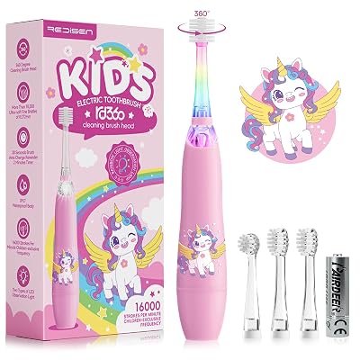 ReDISEN Toddler Electric Toothbrush with 360° Brush Head for All-Around Clean, Baby Sonic Toothbrush with Gentle Vibrations for Ages 1-5, LED Lights & 2-Min Timer Attract Kids Interest (Pink Unicorn)
