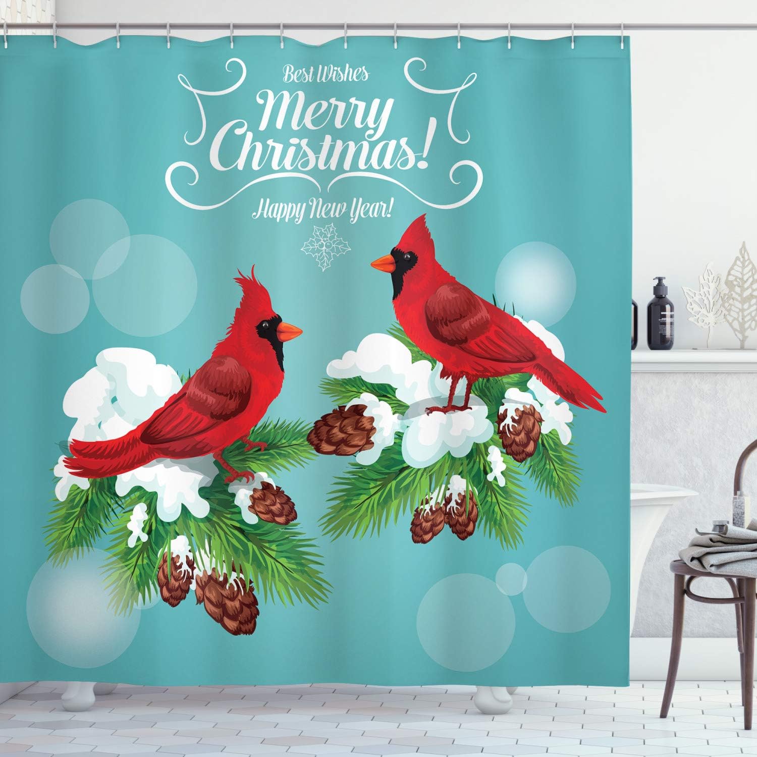 Amazon Com Lunarable Cardinal Shower Curtain Merry Christmas Words With Red Birds Resting On Pine Branches On Bokeh Background Cloth Fabric Bathroom Decor Set With Hooks 75 Long Multicolor Home Kitchen