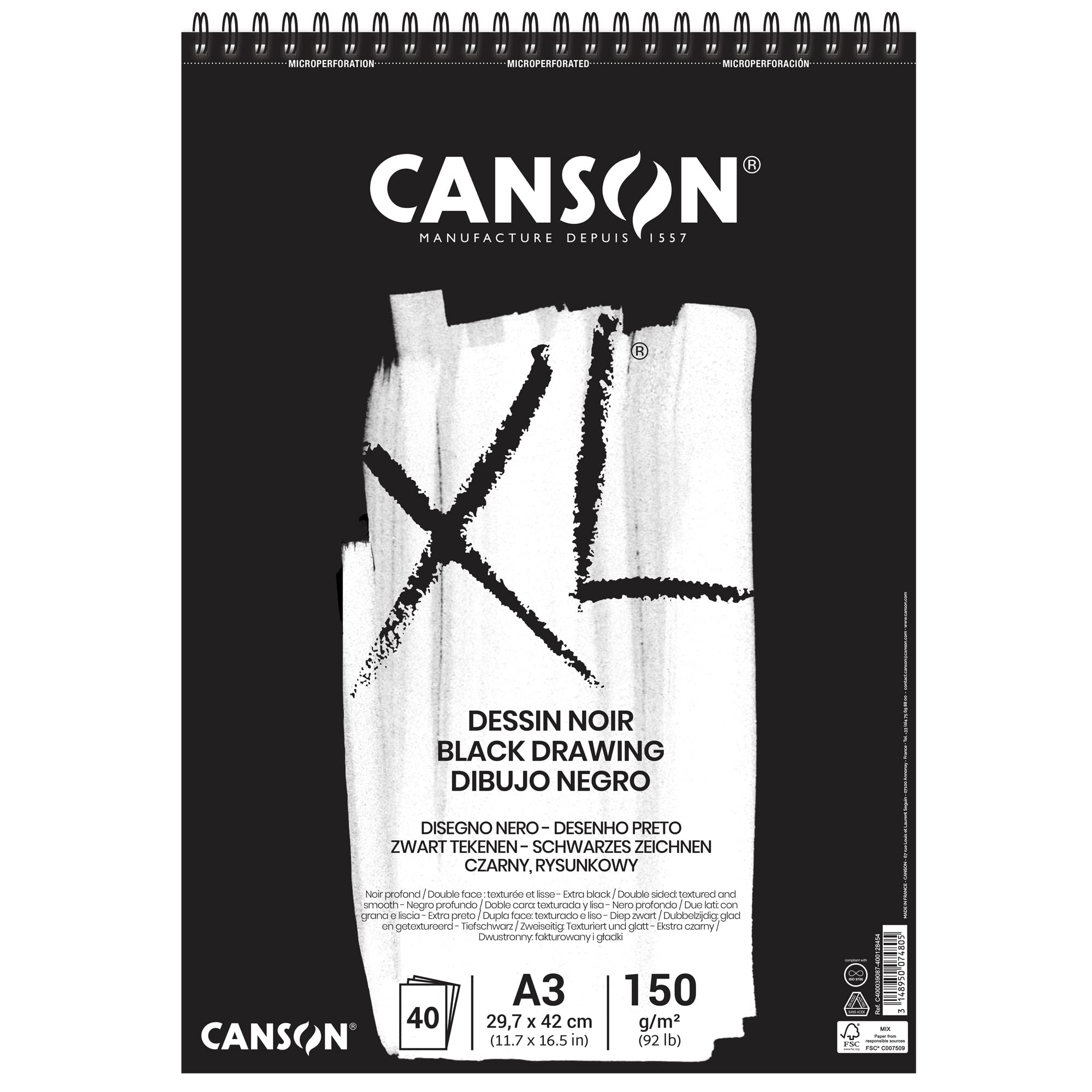 CANSON XL Black Drawing 150gsm A3 Paper, Double Sided: Grained & Smooth, Spiral Pad Short Side, 40 Black Sheets, Ideal for Professional Artists & Illustrators