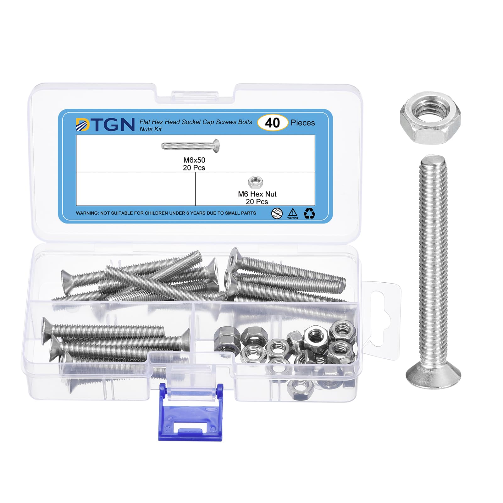 DTGN 40Pcs M6-1.0 x 50mm Flat Head Hex Socket Cap Screws Bolts Nuts Kit, 304 Stainless Steel Round Flat Metric Machine Screws, Full Thread