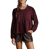 Wefebi Women's Faux Suede Lace Poplin Mesh Peplum Babydoll Tops Long Puff Sleeves Crew Neck Flared Swing Blouse Shirts