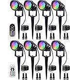 SUNVIE Christmas 12W RGB Color Changing Landscape Lights Low Voltage LED Landscape Lighting Remote Control Spotlight Waterproof Garden Pathway Christmas Decoration Outdoor, 8 Pack with Connector