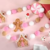 HunnmingRe Pink Christmas Gingerbread Garland 10 ft Gingerbread Man Candy House Pom Ball Felt Banner Pink White Brown Hanging Decoration for Xmas Tree Holiday Festive Home Mantel Wall Party Supplies