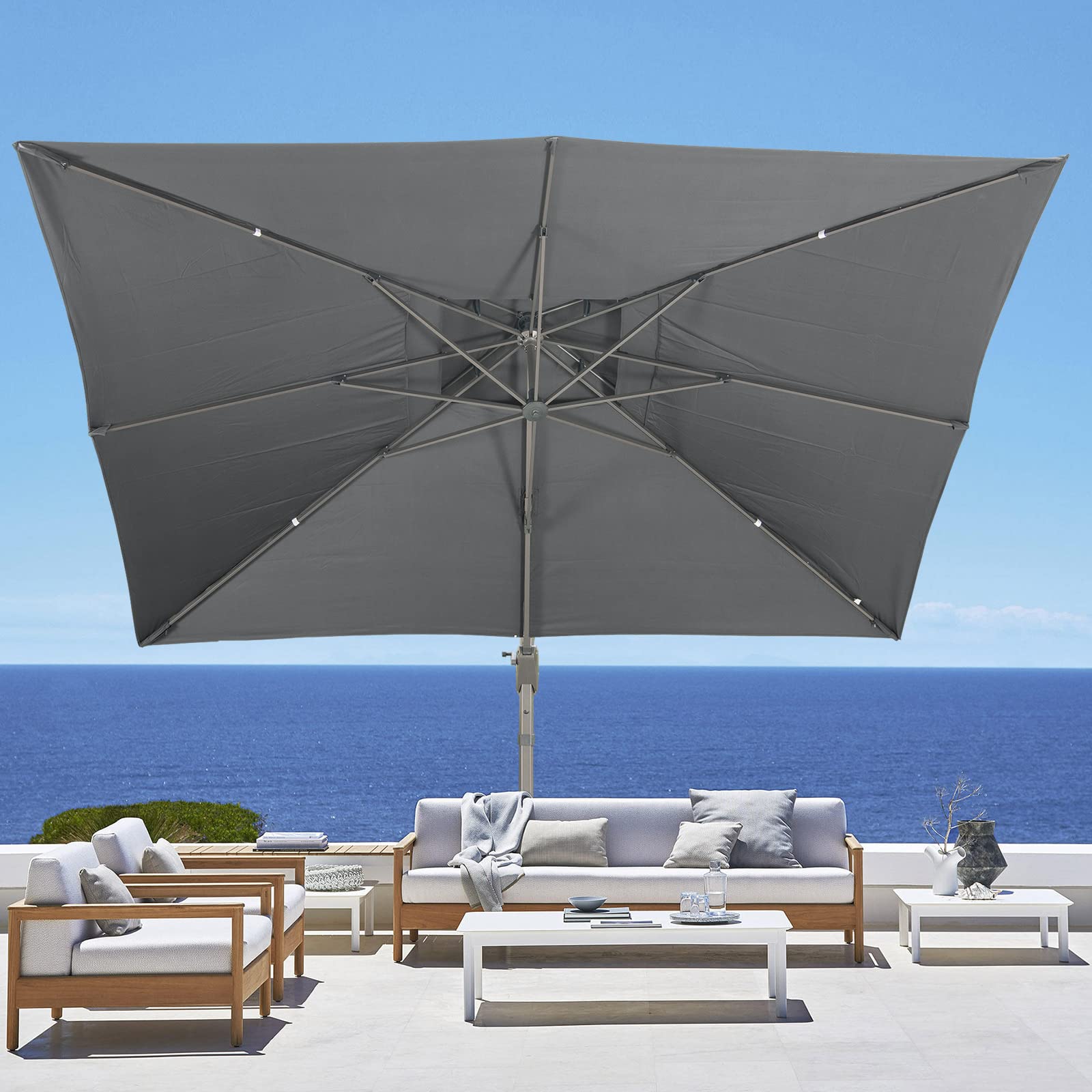 LKINBO Sonnenschirm 300 x 400 cm Rechteckig mit Ständer und Kurbel, Groß Ampelschirm Terrassenschirm 360°Drehbar Parasol Windfest Gartenschirm Wasserdicht Marktschirm für Garten Deck Outdoor, Grau 2